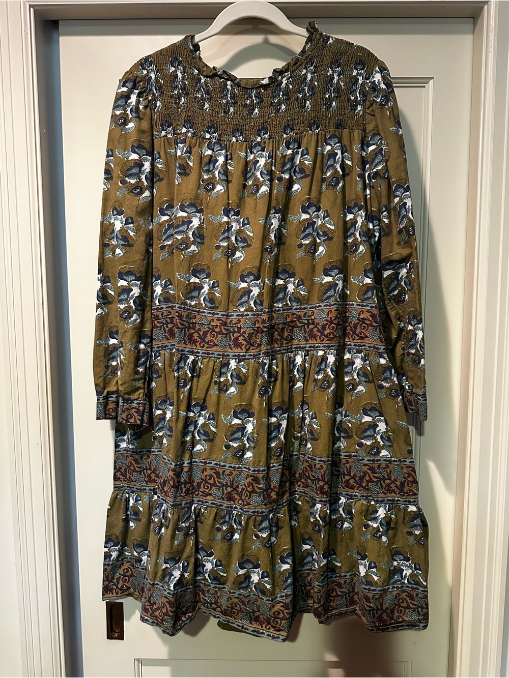 Victoria Dunn Olive Green and Navy Floral Smocked Dress